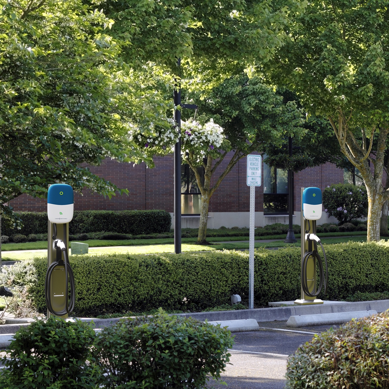 Cyber EV Charger CSE1 in parking lot, in front of library