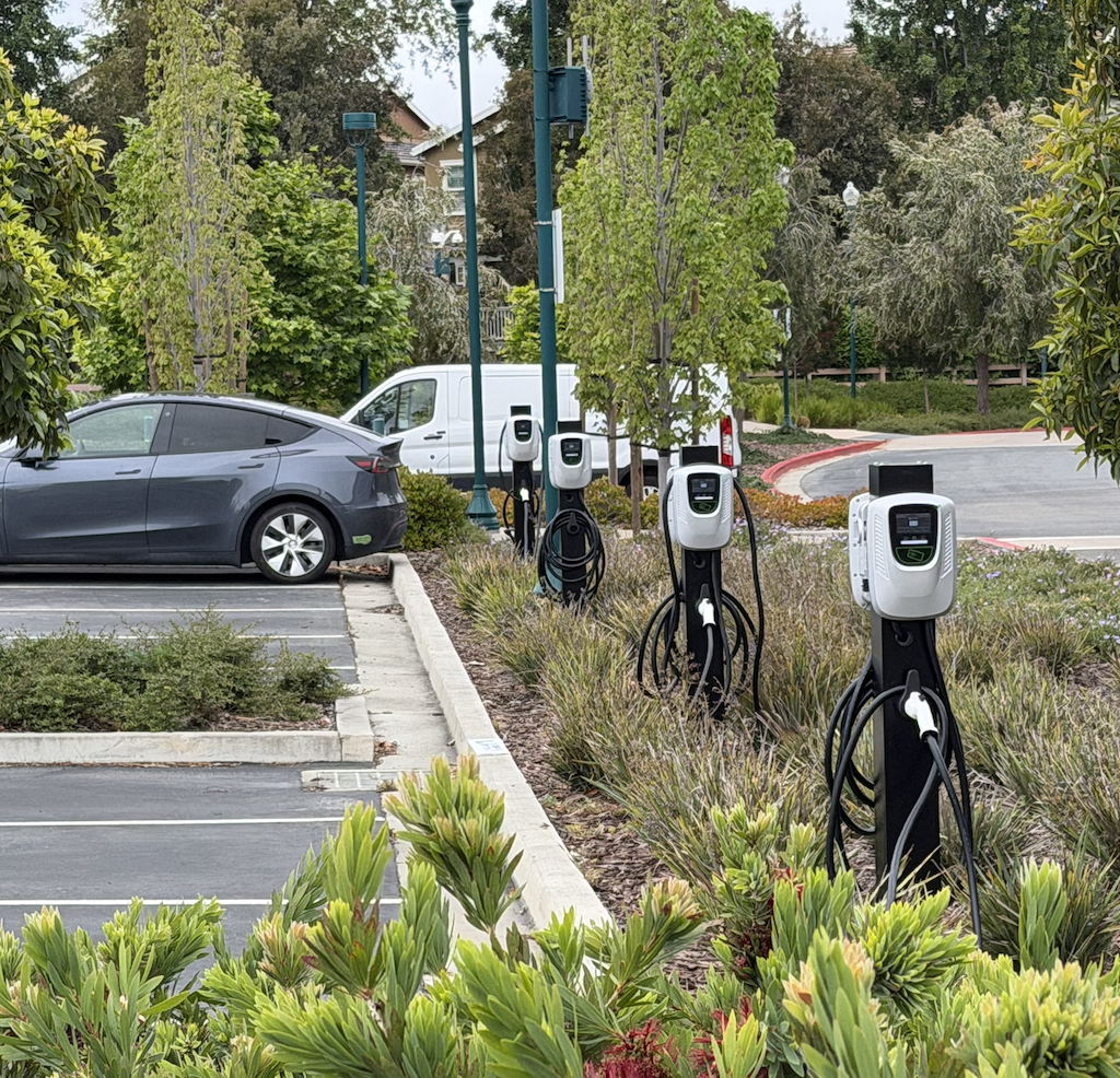 Close-up of a CyberSwitching CSE3 commercial Level 2 EV charger at Franklin Templeton San Mateo workplace